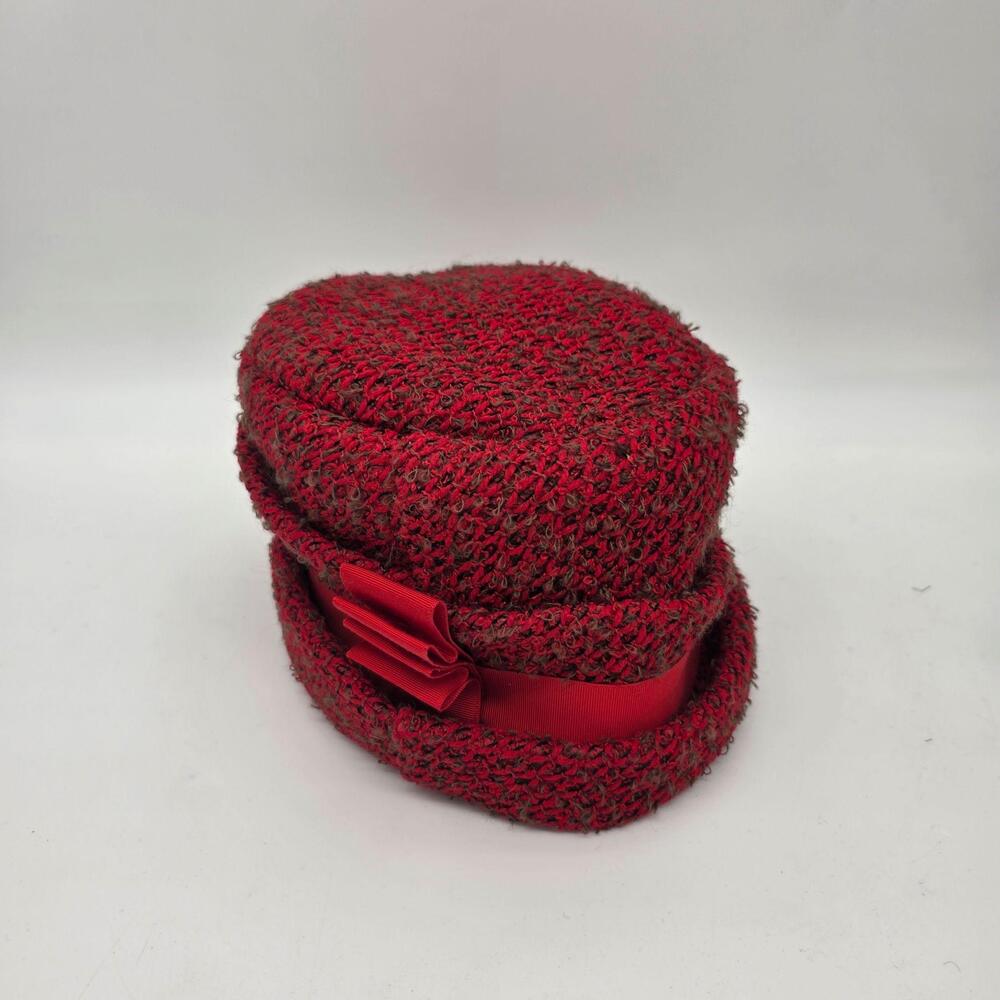 Vintage Cloche Hat Womens One Size Red Boucle Bow Lined Fabric Fall Winter